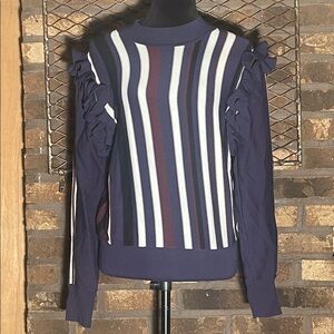 Halogen Striped Ruffle Sleeve Sweater - Navy, White, Red Detachable Sleeves L